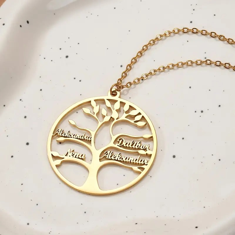 🌳 Personalised Tree of Life Stainless Steel Pendant Necklace – Up to 4 Engraved Names ✨