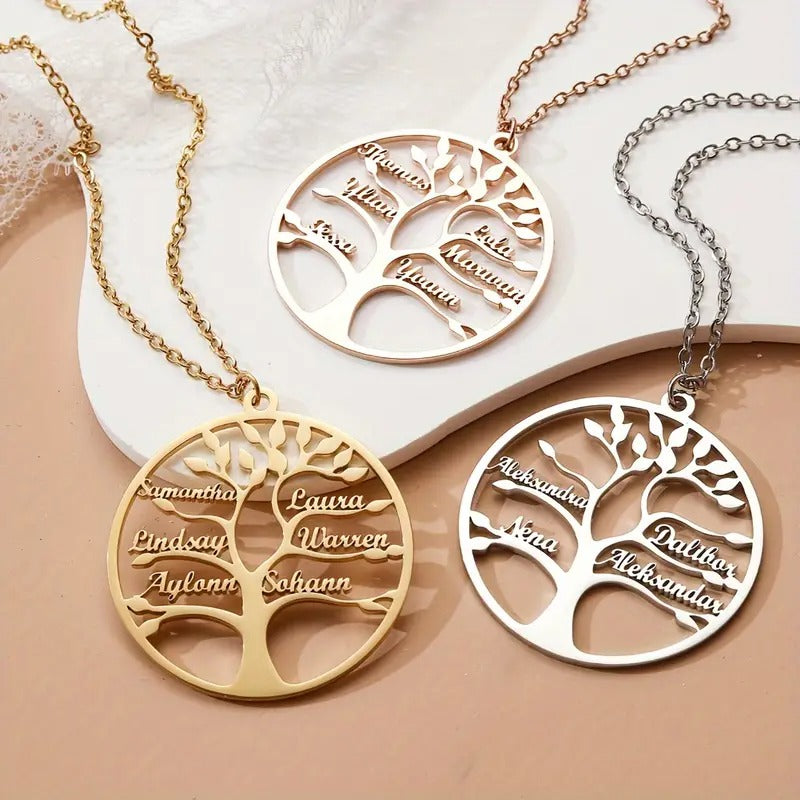 🌳 Personalised Tree of Life Stainless Steel Pendant Necklace – Up to 4 Engraved Names ✨