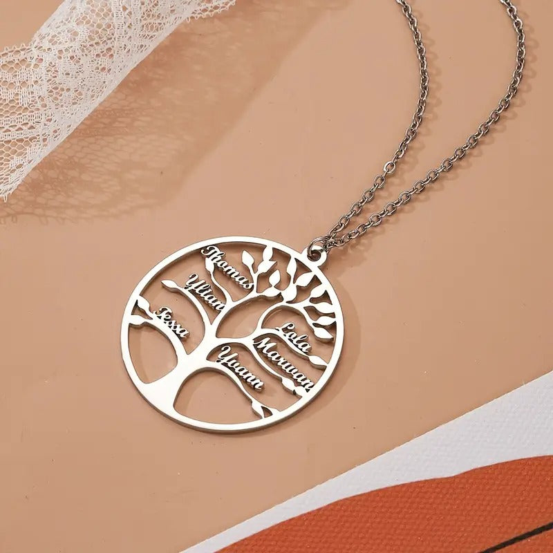 🌳 Personalised Tree of Life Stainless Steel Pendant Necklace – Up to 4 Engraved Names ✨