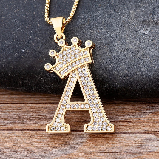 👑 Personalised A–Z Crown Initial Pendant Necklace – Unisex Copper & Zircon Bling in Hip-Hop Style 💎