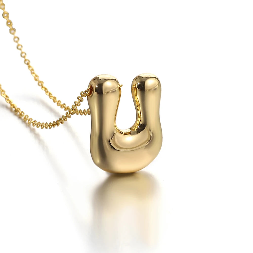 Custom Name Initial Chunky Balloon Bubble Letter Necklace - Gold Plated