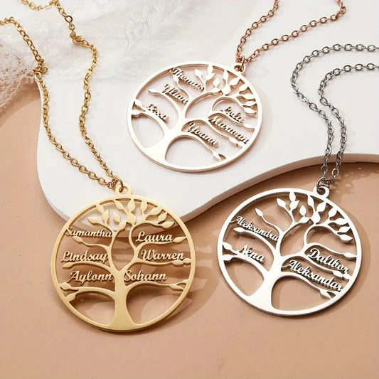 🌳 Personalised Tree of Life Stainless Steel Pendant Necklace – Up to 4 Engraved Names ✨